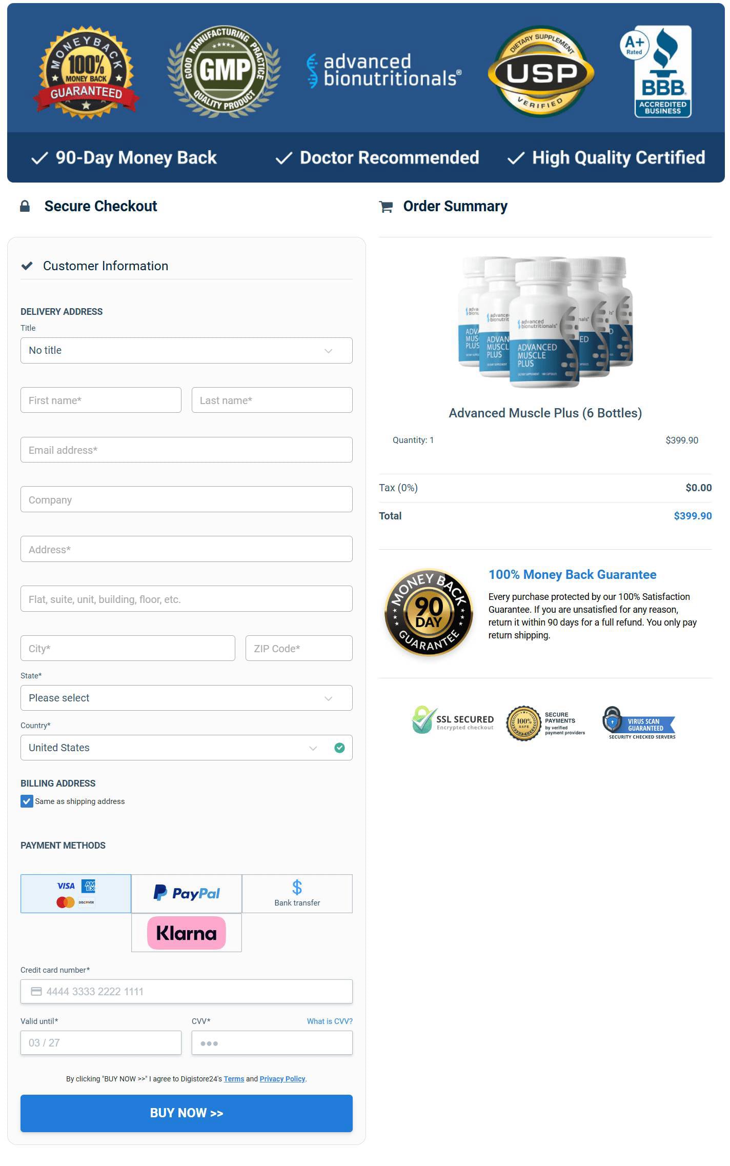 Advanced Muscle Plus Order page